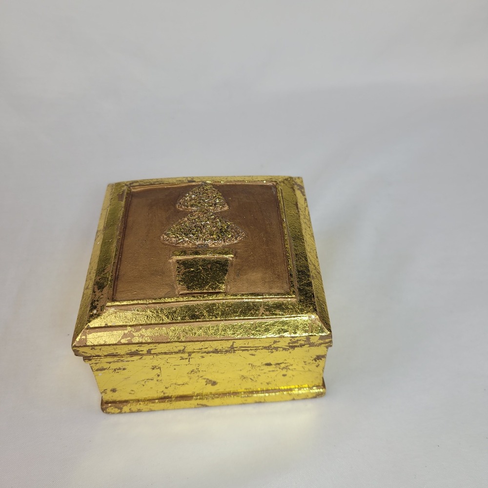 Vintage 1997 Dayton Hudson Gold Leaf Topiary Trinket Box Square Jewelry Case